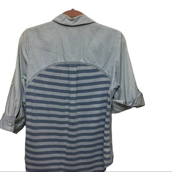 Chambray petite Button Down Cotton/lyocell Shirt Solid Front/Sleeves Stripe back - Picture 2 of 8